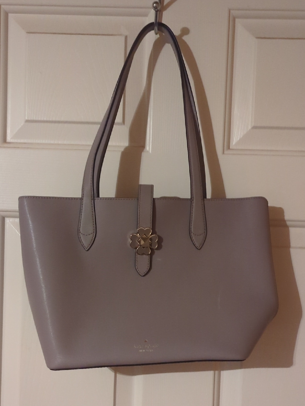 kate spade Taupe Gray Leather Tote with Floral Gold Accent